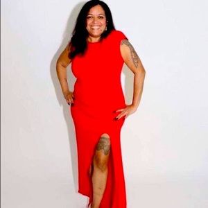 Red dress with high slit